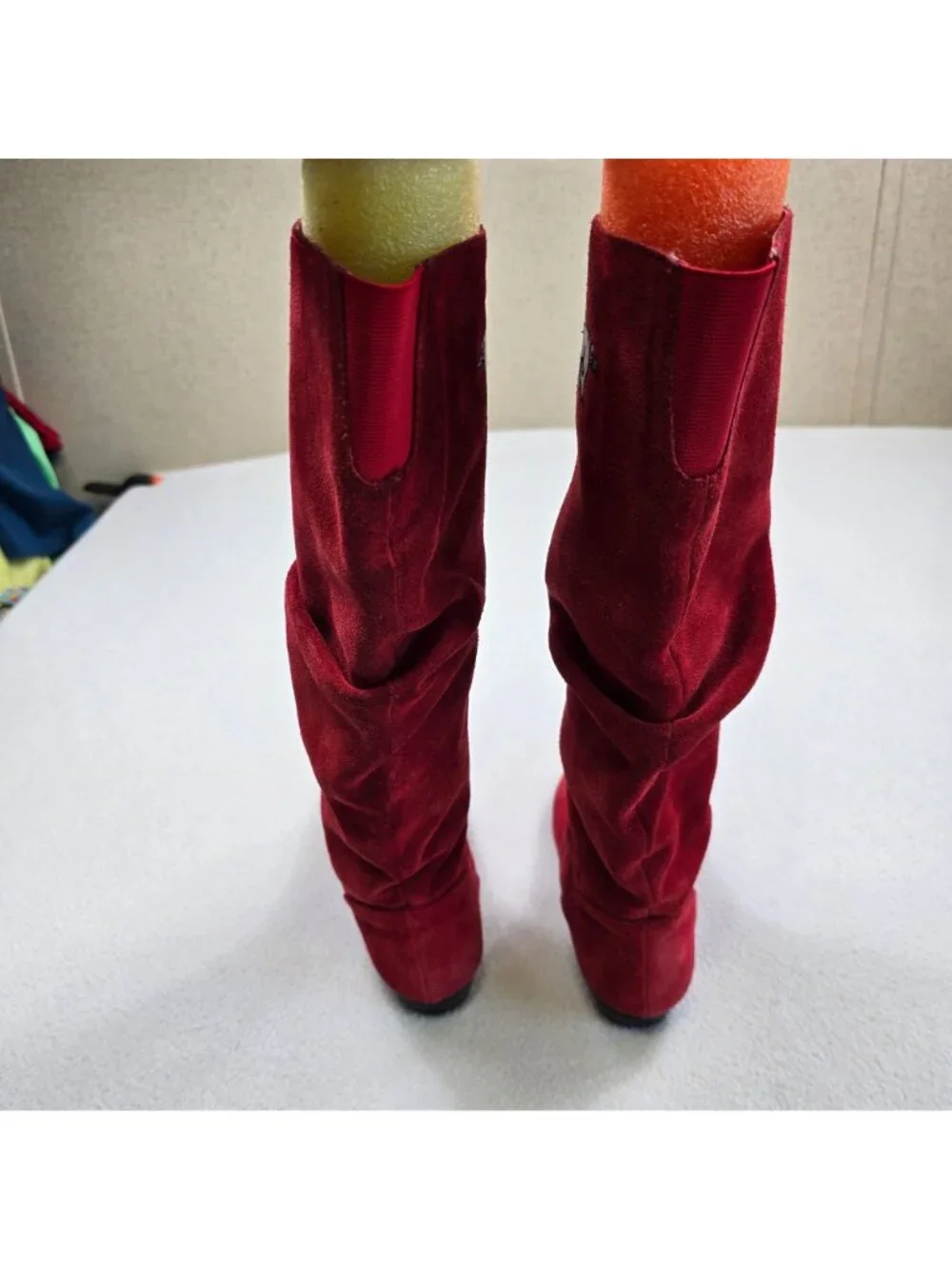 Red Suede Womens Tall Slouch Boots Sz 6M Arkansas Razorbacks Embroidery Leather - Picture 7 of 9